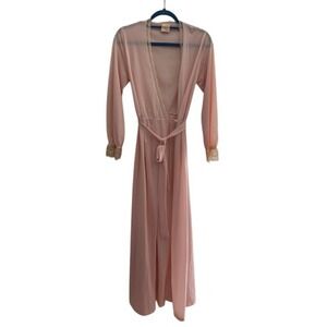 Vintage 70s Avon Pink Nylon Peignoir Robe Sheer Lace Trim Maxi Lingerie P